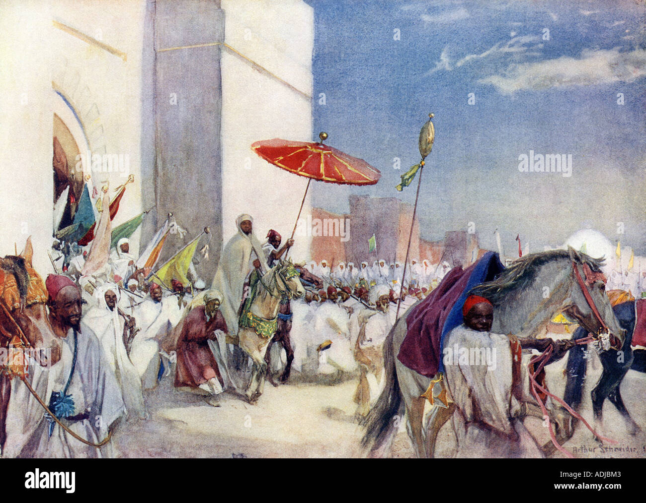 Una cerimonia reale del sultano Abd Al Aziz IV in Marocco tardi 1800s. Colore mezzetinte di illustrazione. Foto Stock