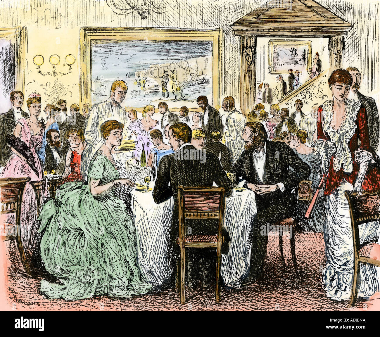 Moda cena party in 1880. Colorate a mano la xilografia Foto Stock