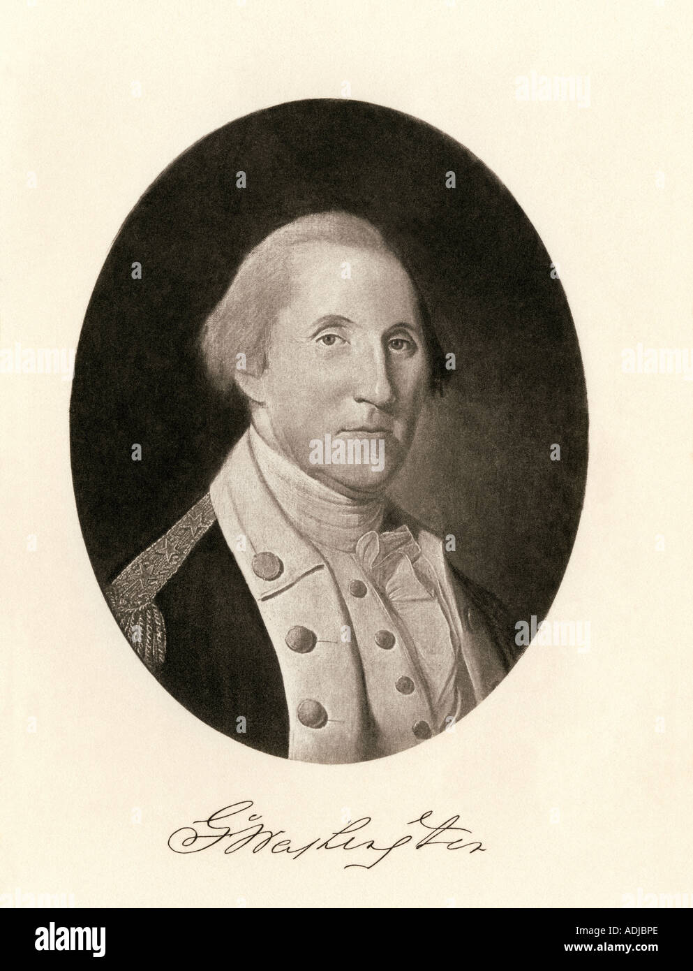 General George Washington con firma. Fotoincisione di Trumbull ritratto Foto Stock