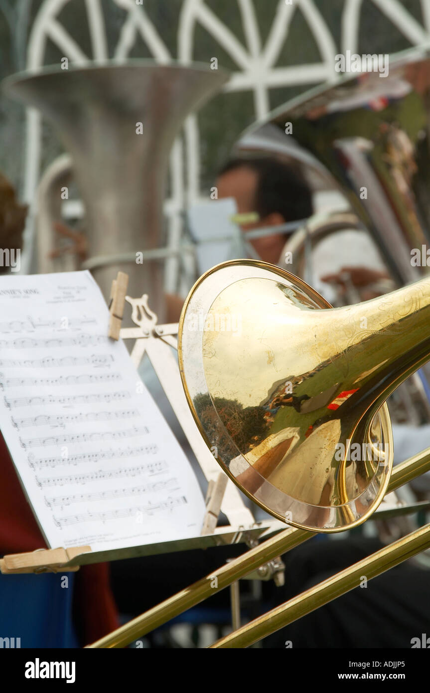 Ottone, banda, lavorando, classe, pit, minatore, miniera, Nord, dell'Inghilterra, settentrionale, avvisatore acustico, tromba, trombone, tuba, Foto Stock