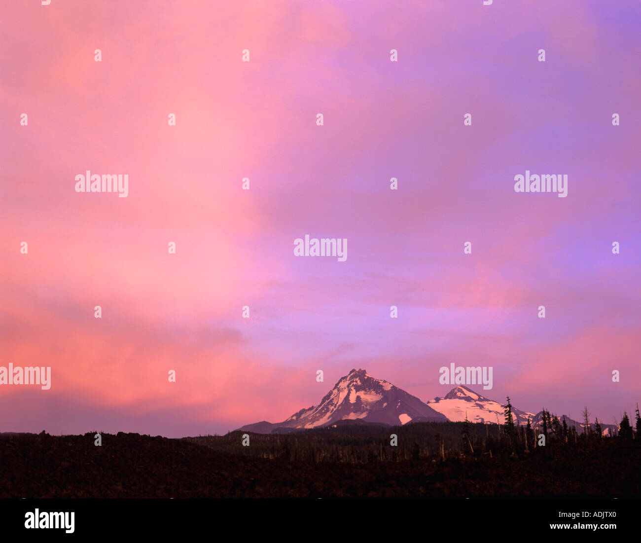 Nord e Centro sorella di montagna con il tramonto e weathered tree McKenzie Pass Oregon Foto Stock
