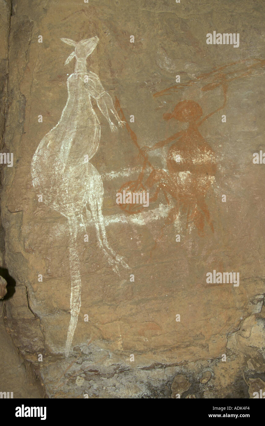 Petroglifi pittura Aborigena di Kangaroo Namarrgon Djadjan Cliff di Arnhem Land Kakadu N Aust Foto Stock