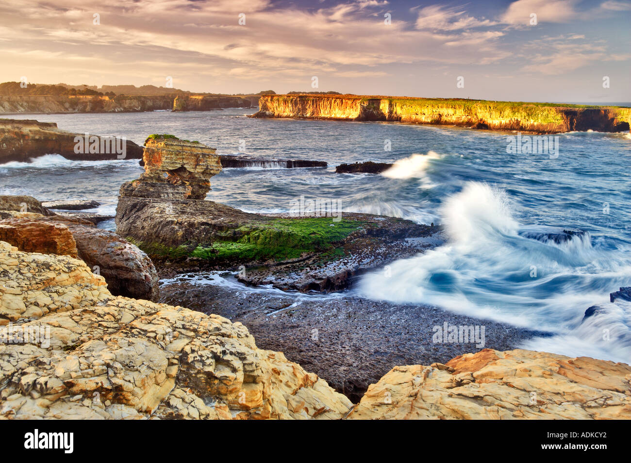 Costa rocciosa con le onde della costa della California vicino a Pt Arena Foto Stock