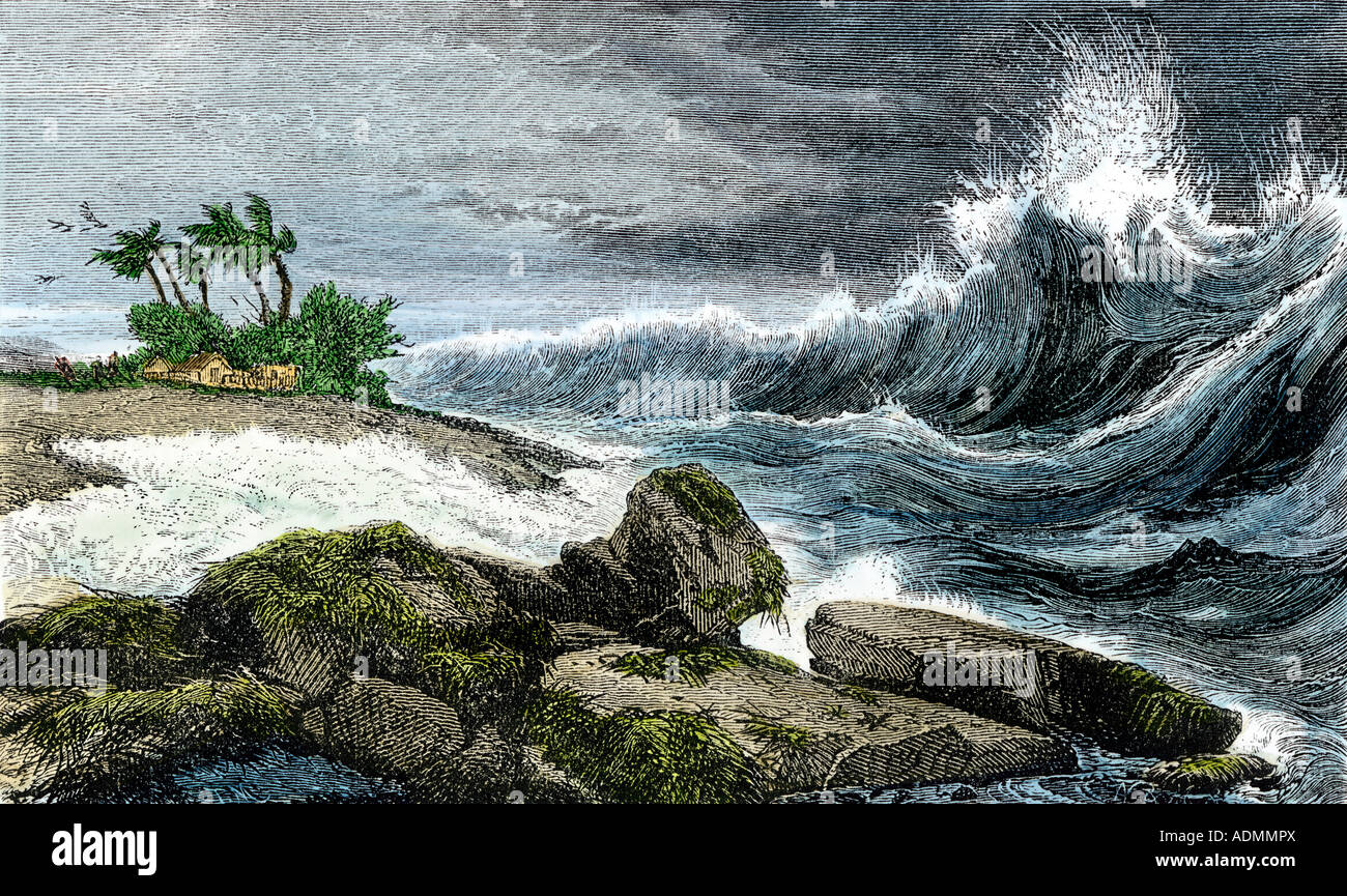 Onda Tsunami che si infrangono sulla riva delle Hawaii 1800s. Colorate a mano la xilografia Foto Stock