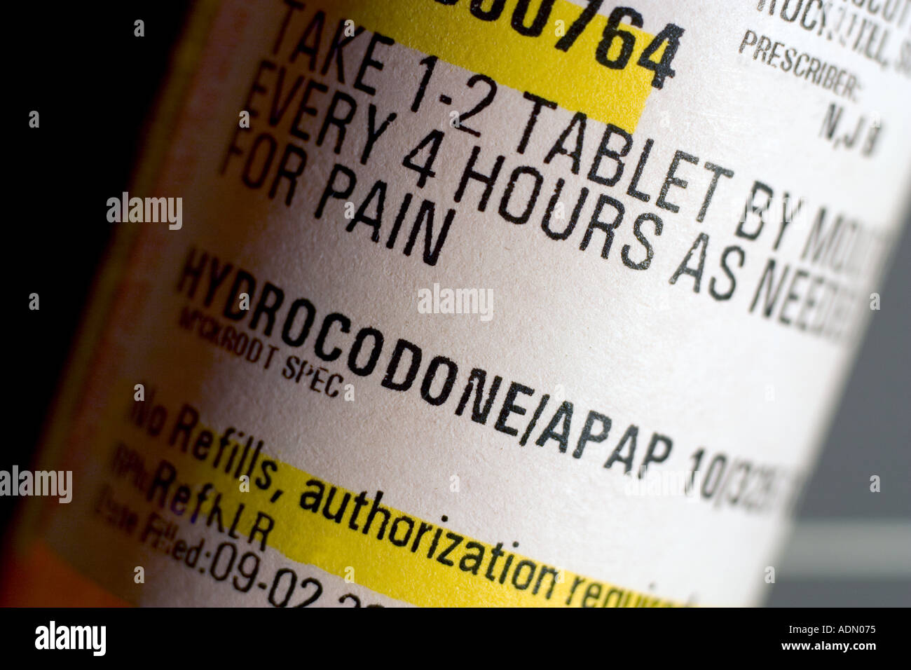 Etichetta sulla medicina di prescrizione della bottiglia di idrocodone Foto Stock