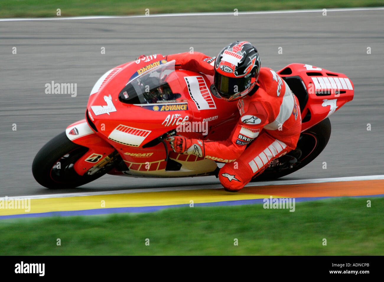 Carlos Checa di equitazione per Ducati in Moto GP 2005 campionato a Valencia Foto Stock