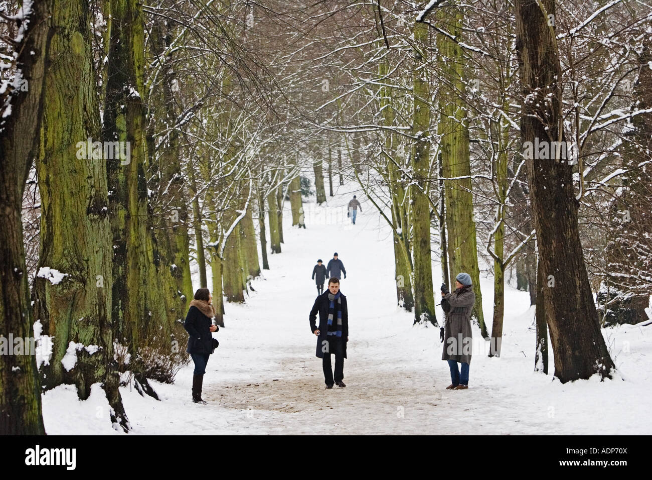 La gente a piedi in tutta coperta di neve Hampstead Heath London Regno Unito Foto Stock