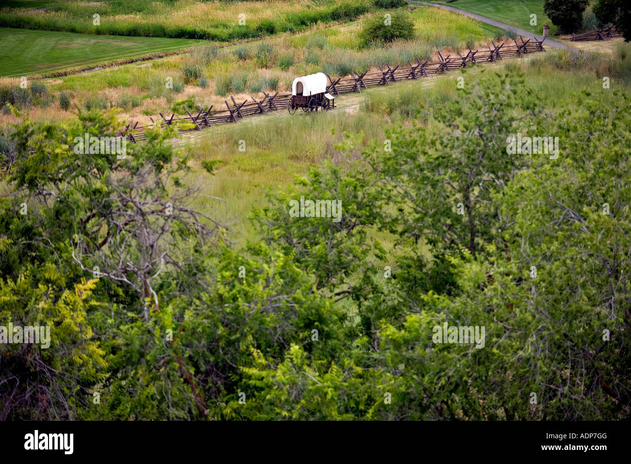 Il carro coperto a due assi utilizzati su Oregon Trail a Whitman mission Sito Storico Nazionale di Washington Foto Stock