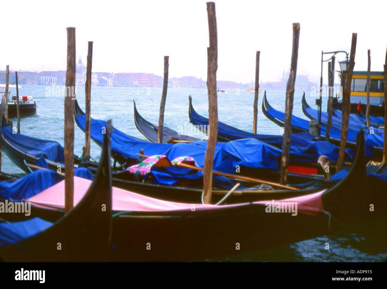 Ancorate Le gondole del Canal San Marco Venezia Italia Foto Stock