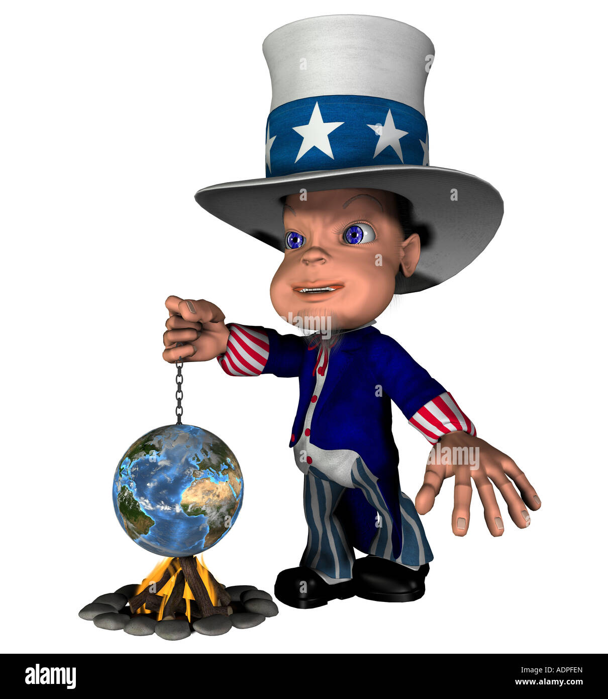 Figura nazionale lo zio Sam soffiare gli incendi in tutto il mondo come simbolo per gli Stati Uniti come una determinazione del riscaldamento climatico fino Foto Stock
