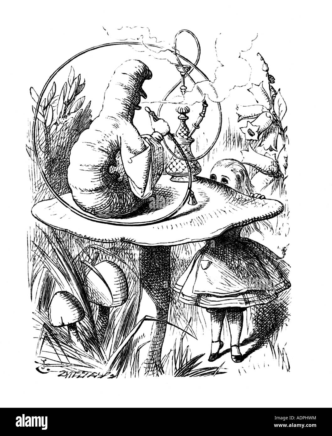 Illustrazioni di Lewis Carroll S Alice nel paese delle meraviglie di John Tenniel il caterpillar che fuma un tubo dell'acqua Foto Stock