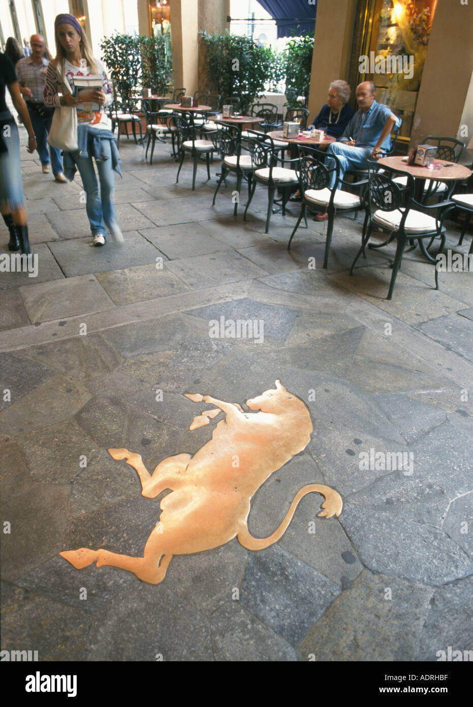 Torino Torino Piemonte Piemonte Italia Via Roma shopping arcades negozi di lusso a bull casted in bronzo nel pavimento emblema di Foto Stock
