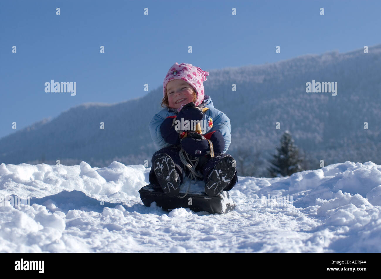 Signor bambino in inverno slittino slittino su una slitta Foto Stock