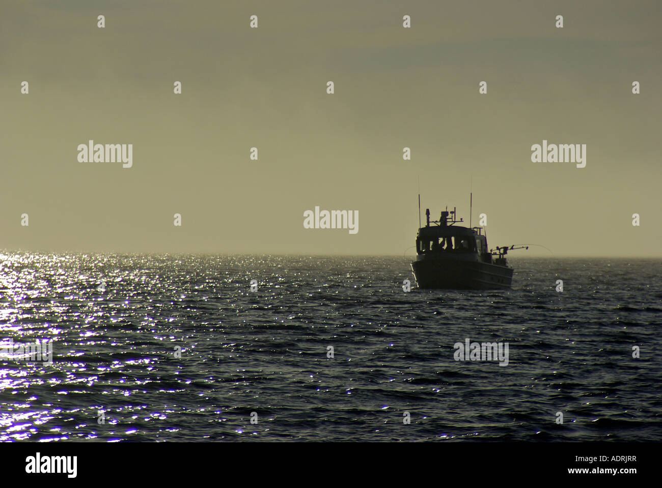 Charter boat ocean la pesca del salmone nella nebbia mattutina a Duval punto BC Canada Foto Stock