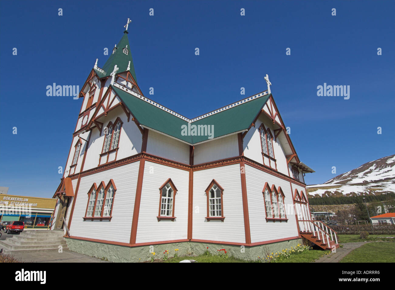 Chiesa islandese di Husavik Gardarsbraut Nord Islanda EU Europe Foto Stock