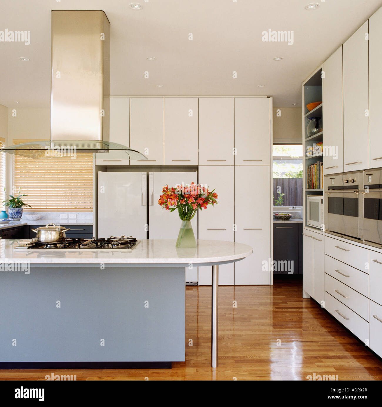 Cappa al di sopra del piano di cottura in blue island unità in bianca e moderna cucina con pavimento in legno lucido Foto Stock
