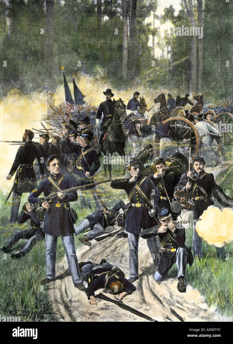 Unione soldati impegnati a Gaines Mill nella battaglia di Cold Harbor, Virginia, la Guerra Civile Americana, 27 giugno 1862. Colorate a mano di mezzitoni un illustrazione Foto Stock
