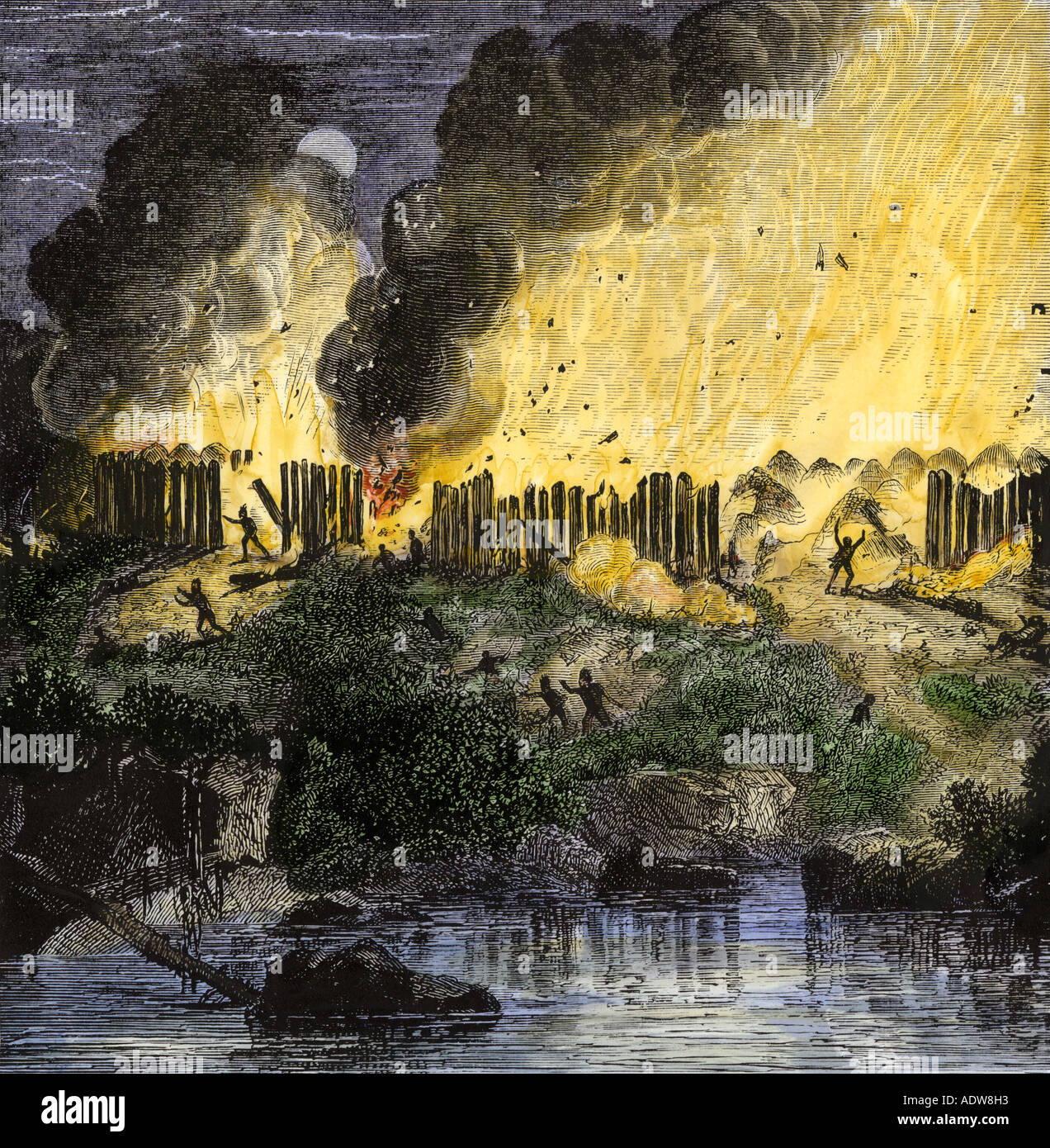 Distruzione dei Pequot villaggio indiano da New England dai coloni 1637. Colorate a mano la xilografia Foto Stock