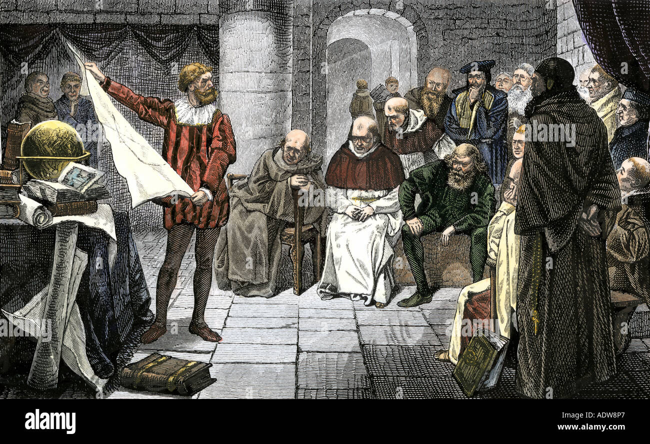 Christopher Columbus a promuovere le sue idee prima che il Consiglio a Salamanca. Colorate a mano l'incisione Foto Stock