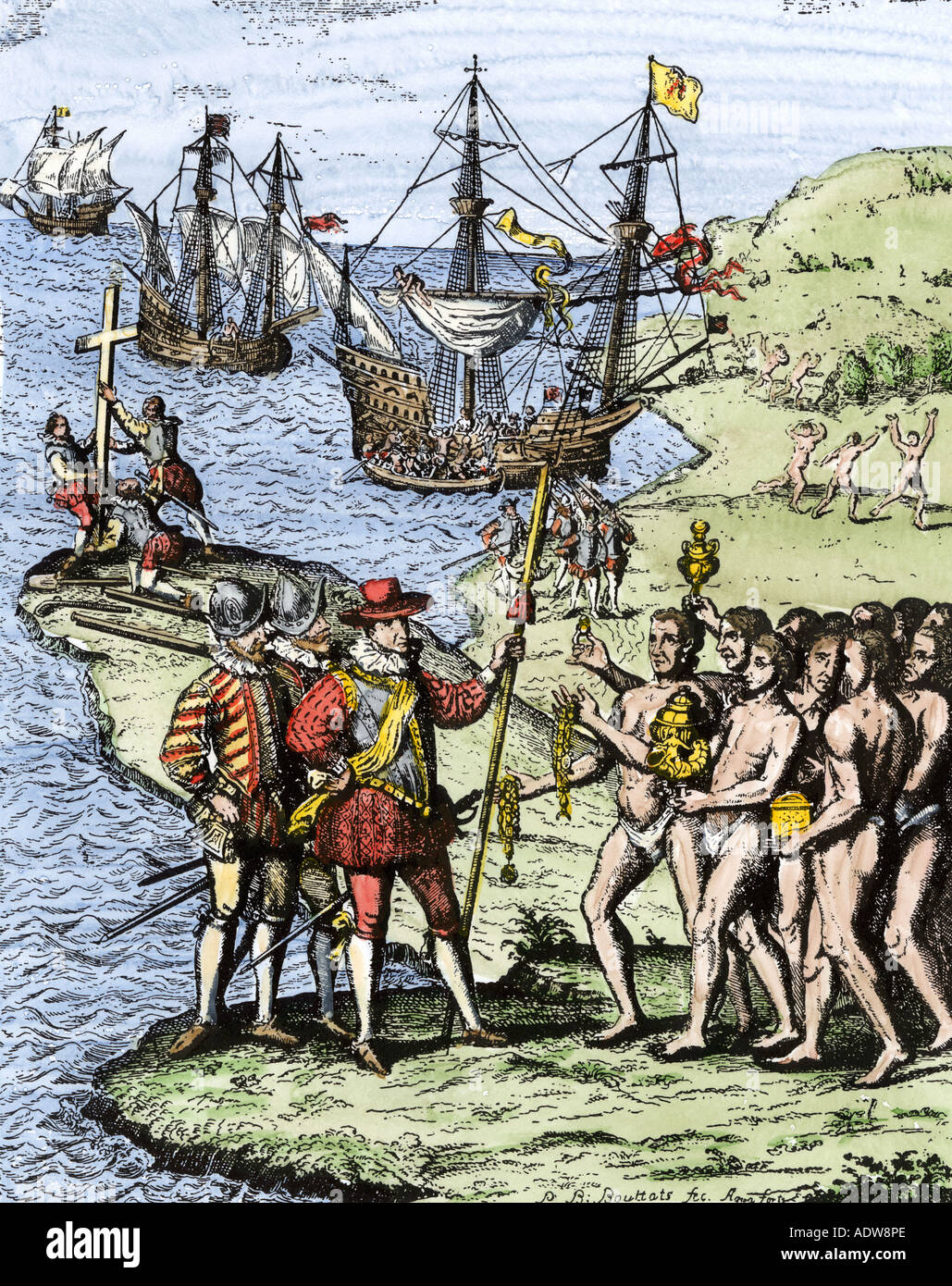 Spedizione di Christpher Columbus in atterraggio a Hispaniola 1492. Colorate a mano la xilografia Foto Stock