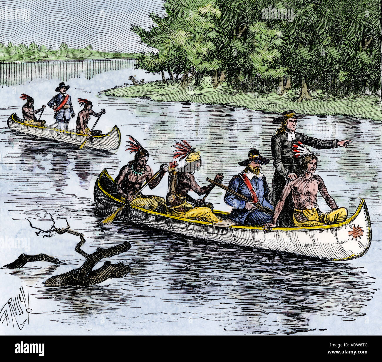 Jacques Marquette e Louis Joliet sulla parte superiore del fiume Mississippi in canoe 1673. Colorate a mano la xilografia Foto Stock