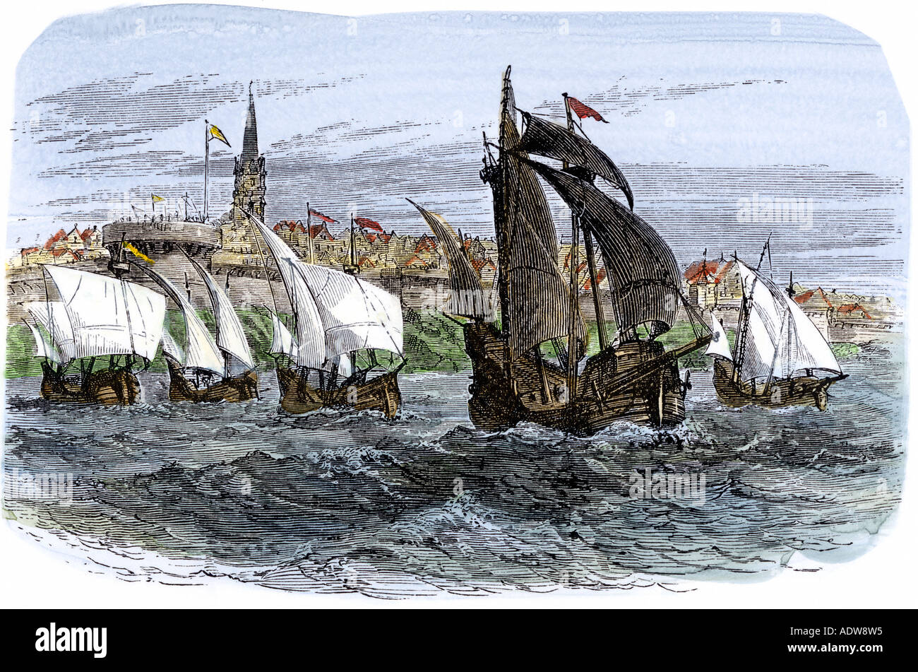 Jacques Cartier expedition navi lasciando St Malo Francia a vela per il Nord America 1530 s. Colorate a mano la xilografia Foto Stock