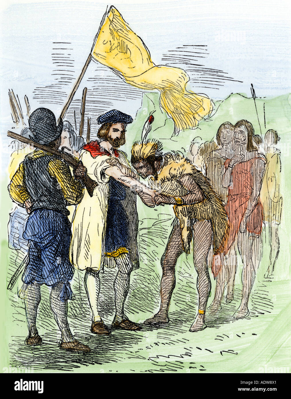 Jacques Cartier abbracciato da Donnacona un nativo di Huron canadesi chief sulla penisola Gaspee 1535. Colorate a mano la xilografia Foto Stock