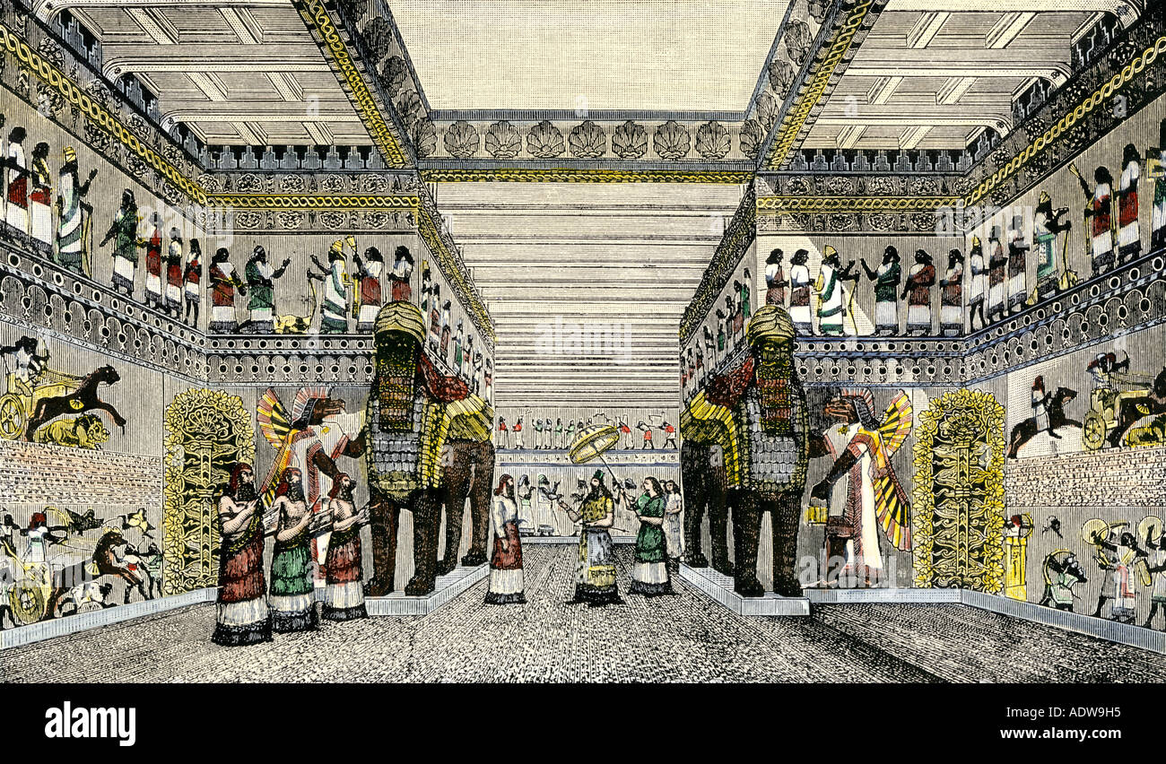 Sala di ricevimento di un'Assiro royal palace nell antica Mesopotamia. Colorate a mano la xilografia Foto Stock
