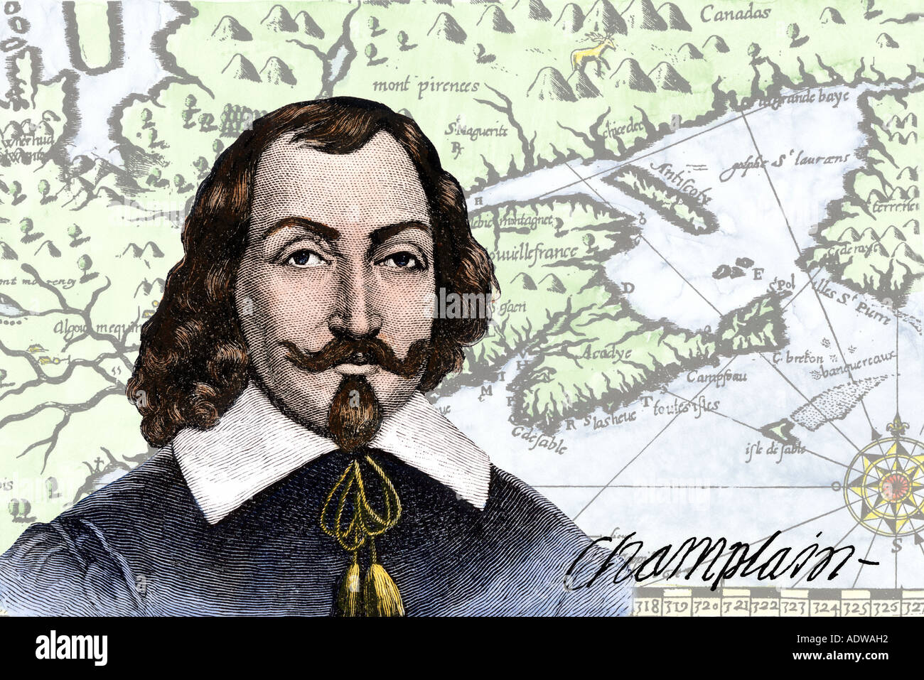 Esploratore francese Samuel de Champlain e la sua mappa del Golfo di San Lorenzo nei primi 1600s. Colorate a mano xilografie combinato digitalmente Foto Stock