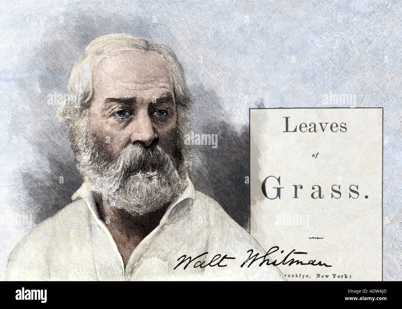 Walt Whitman e la prima edizione pagina titolo del poema, foglie di Erba 1855. Colorate a mano xilografie combinato digitalmente Foto Stock
