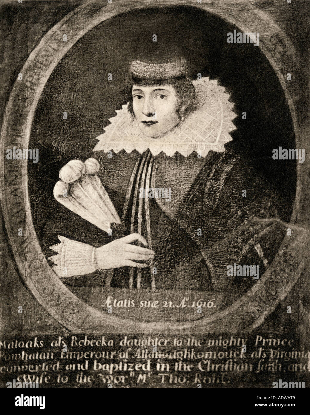 Pocahontas in abbigliamento inglese mentre alla corte di Giacomo I il diritto Aetatis suae 21 a 1616. Fotoincisione di un dipinto Foto Stock