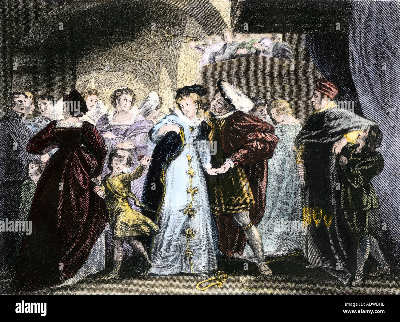 Il re Enrico VIII incontra Anne Boleyn 1527. Colorate a mano l'incisione Foto Stock