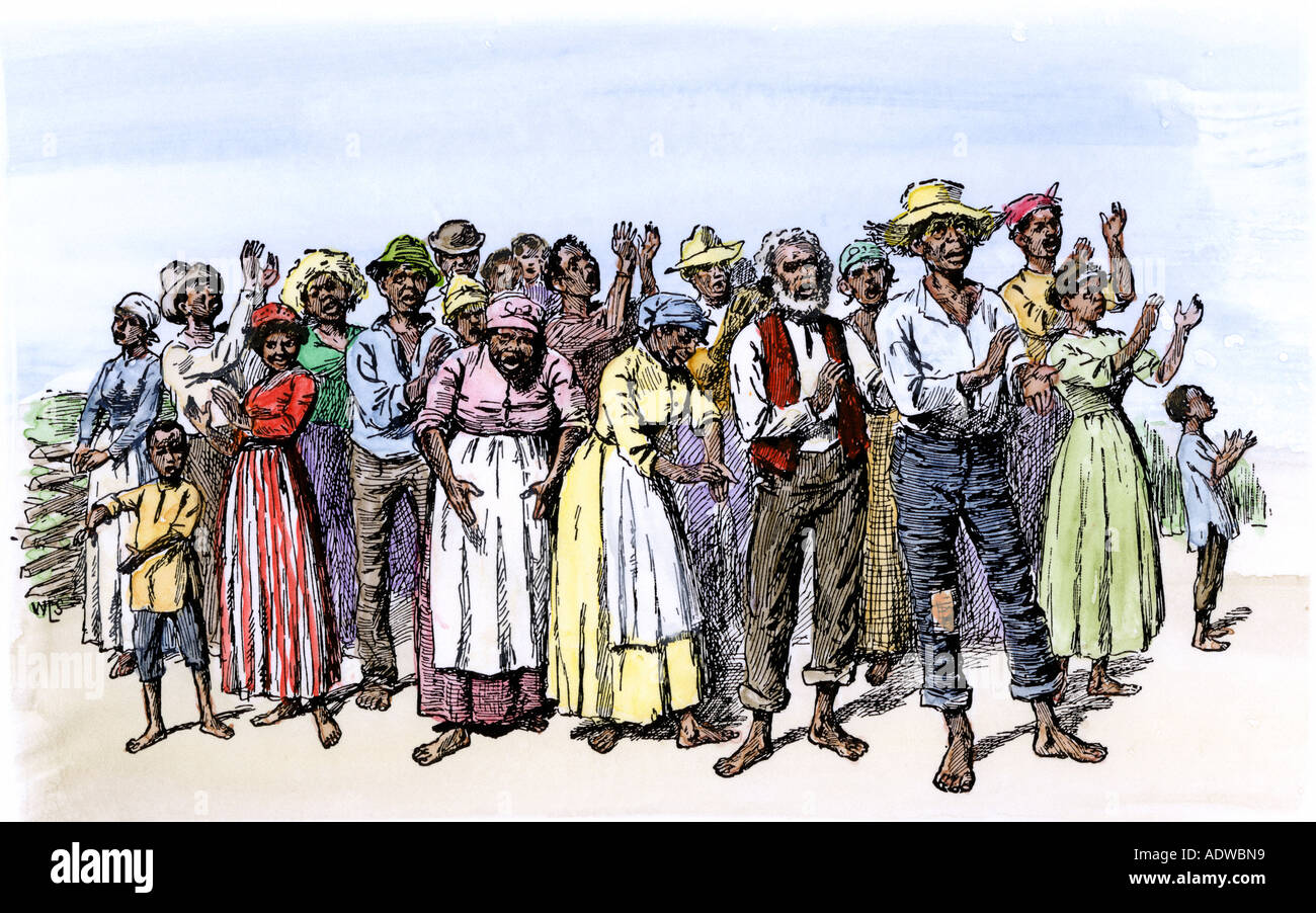 Gruppo di afro-americano di schiavi cantando su una piantagione del Sud 1800s. Colorate a mano la xilografia Foto Stock