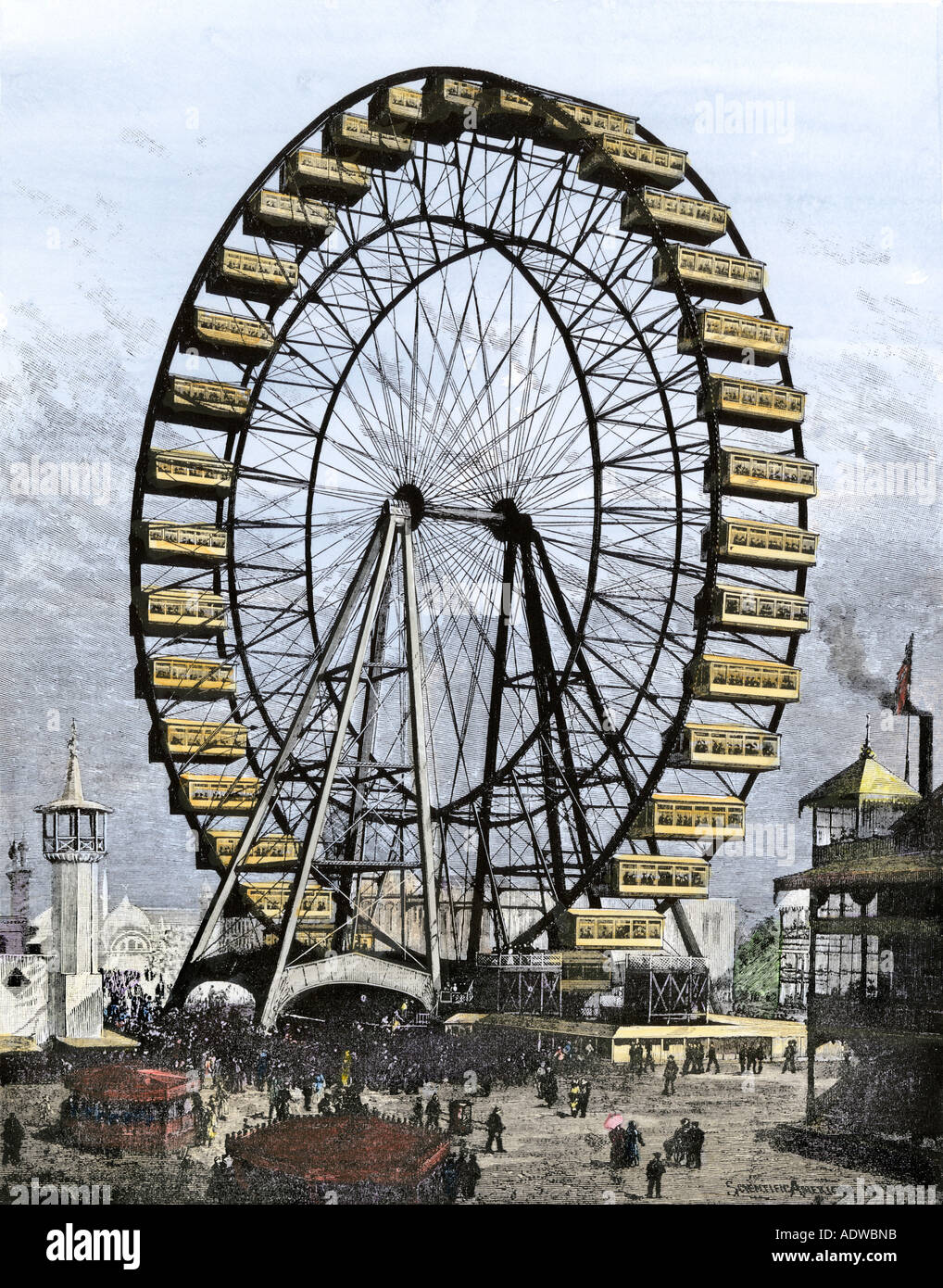 Prima ruota panoramica Ferris 250 piedi di diametro con 36 vetture alla fiera dei mondi e Columbian Exposition Chicago 1893. Colorate a mano di mezzitoni una illustrazione Foto Stock