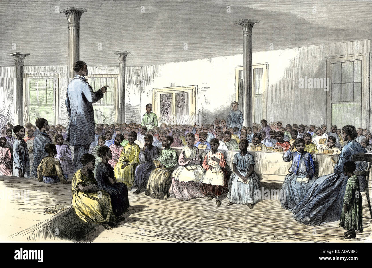 Sion scuola per bambini neri in Charleston, Carolina del Sud dopo l emancipazione del 1866. Colorate a mano la xilografia Foto Stock