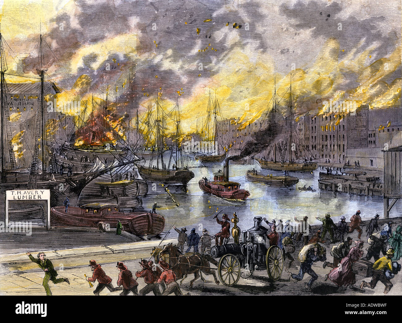 Flaming edifici e imbarcazioni aong il fiume Chicago durante il grande incendio del 1871. Colorate a mano la xilografia Foto Stock