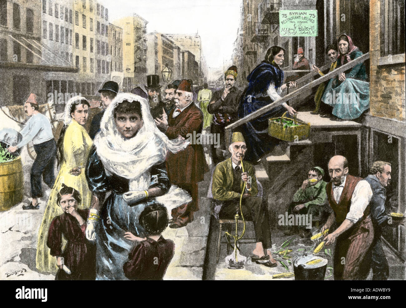 Siriano quartiere di immigrati in Washington Street a New York City 1890s. Colorate a mano di mezzitoni una illustrazione Foto Stock