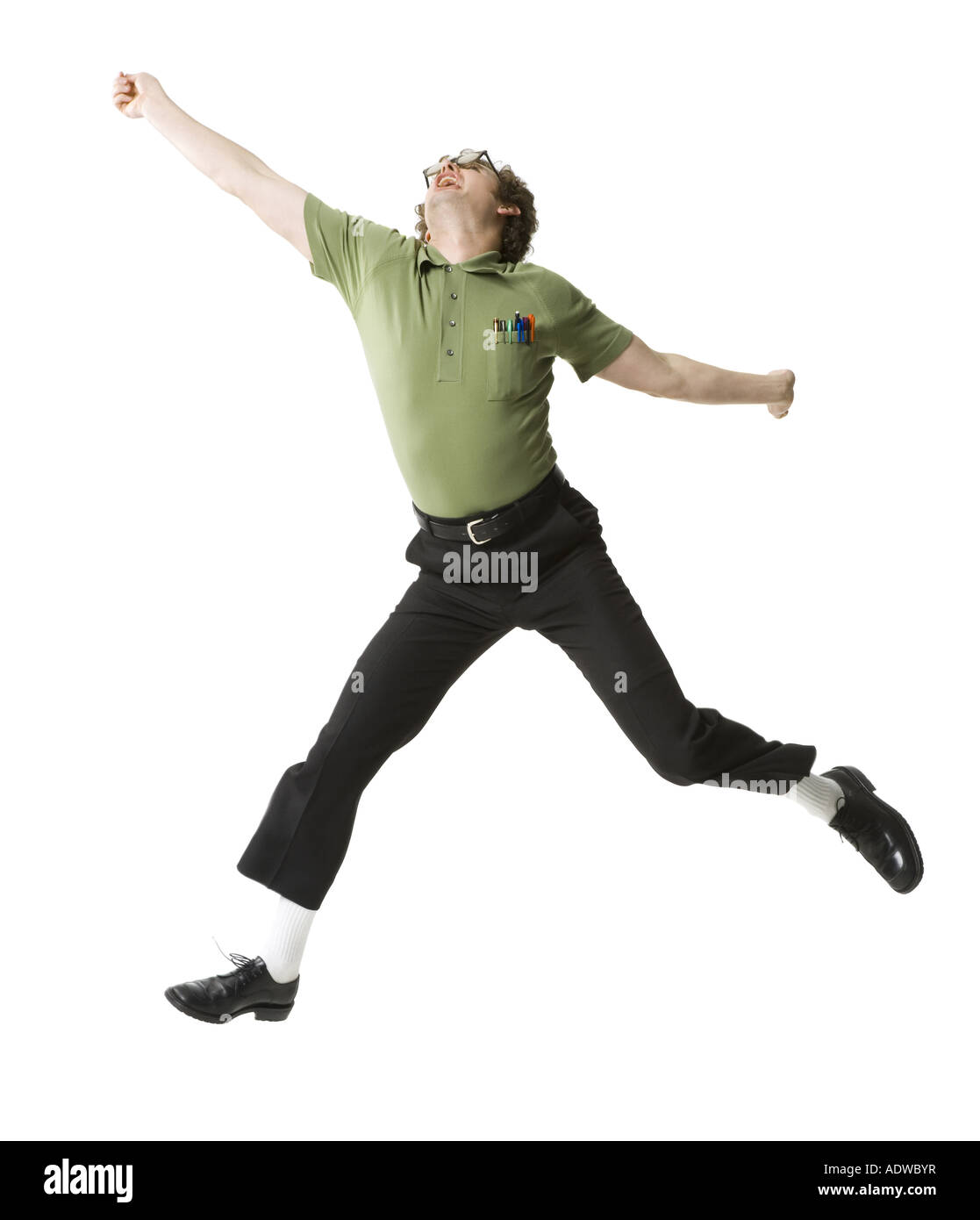 Voce maschile nerd con occhiali jumping Foto Stock Voce maschile nerd con occhiali jumping Foto Stock
