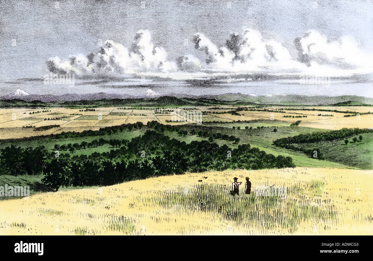 Terreni agricoli di Polk County Oregon come visto dal Monte Pizgah 1880. Colorate a mano la xilografia Foto Stock