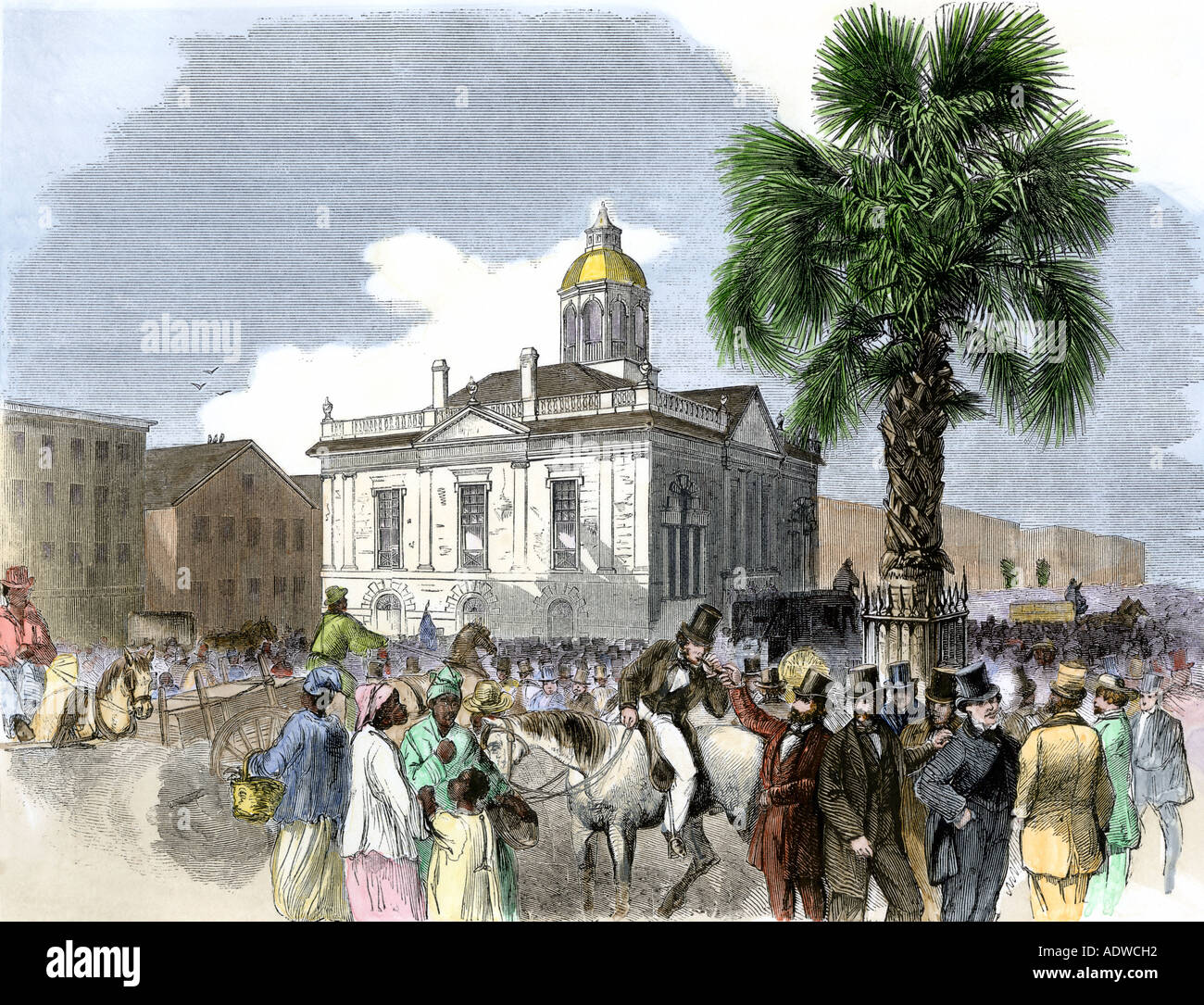 Vecchia casa personalizzata in Charleston South Carolina appena prima della guerra civile del 1860. Colorate a mano la xilografia Foto Stock