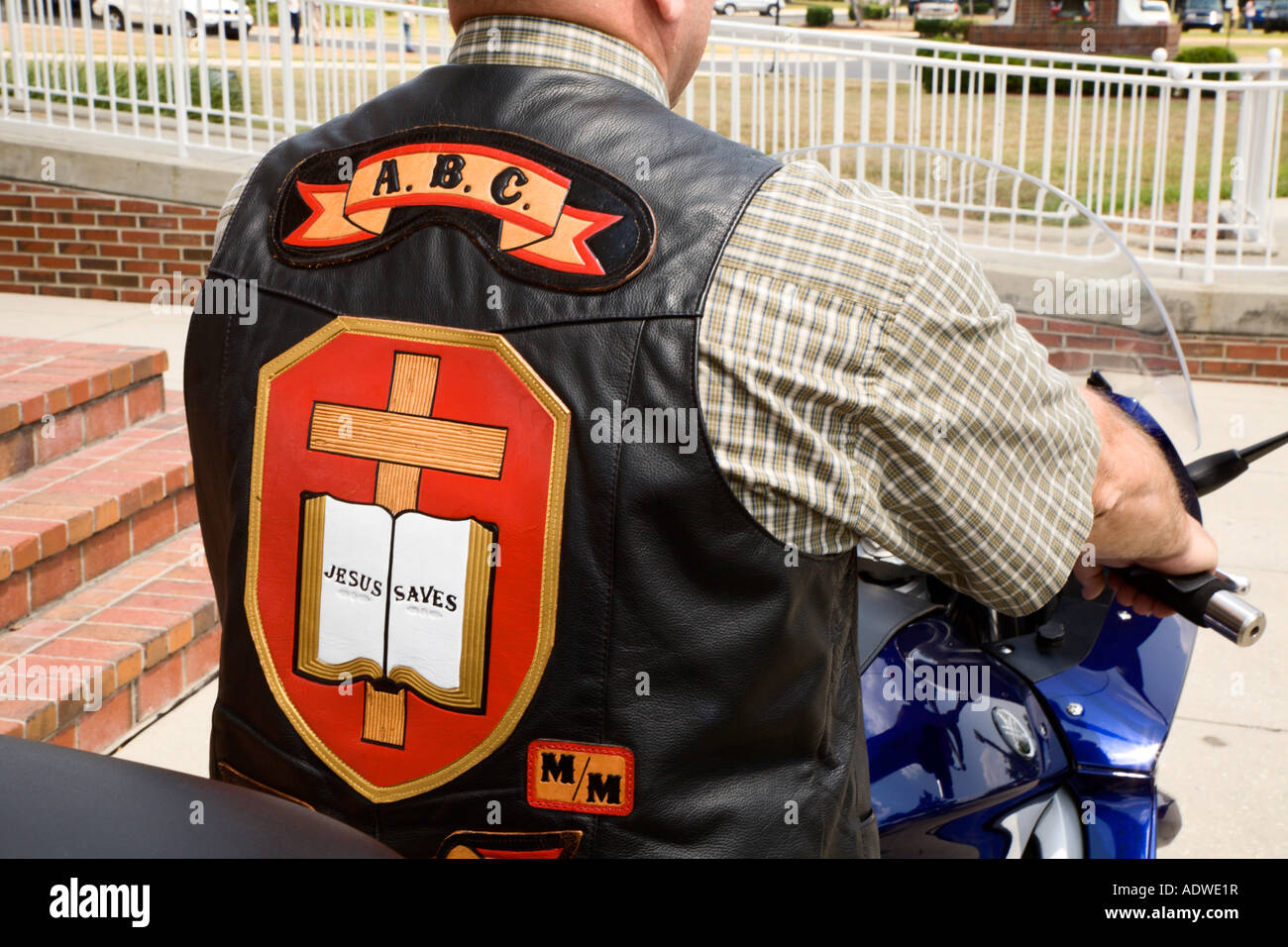 Gilet in pelle ABC Motorcycle Club of First Baptist Church of Ocala Florida Foto Stock