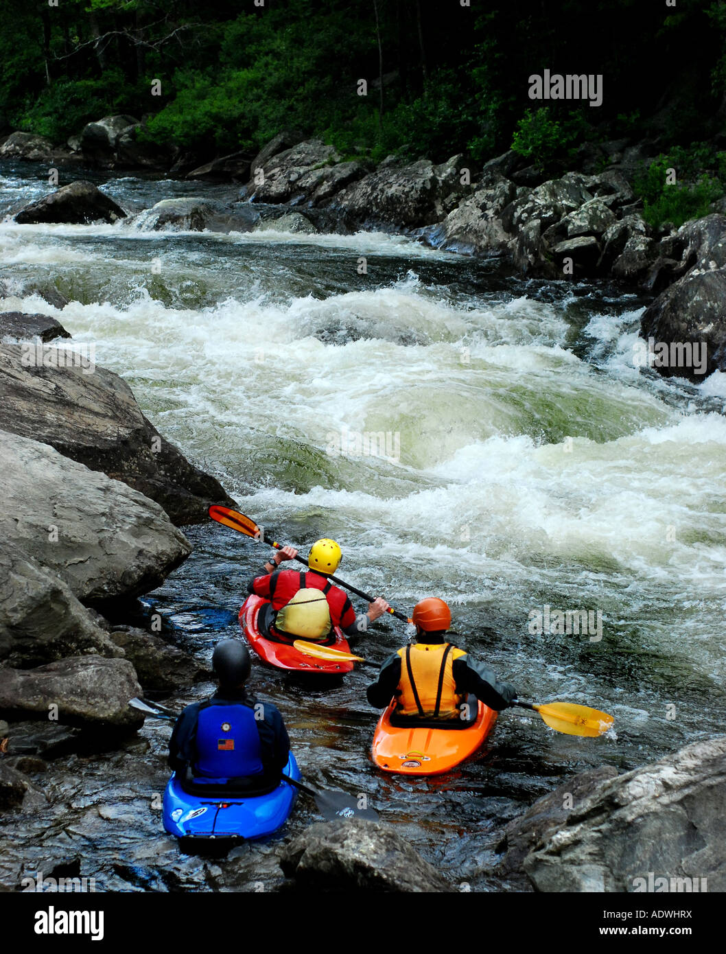 Tre whitewater kayakers preparare per inserire il pendolamento acqua a Zoar il gap sul fiume Deerfield in Massachusetts. Foto Stock