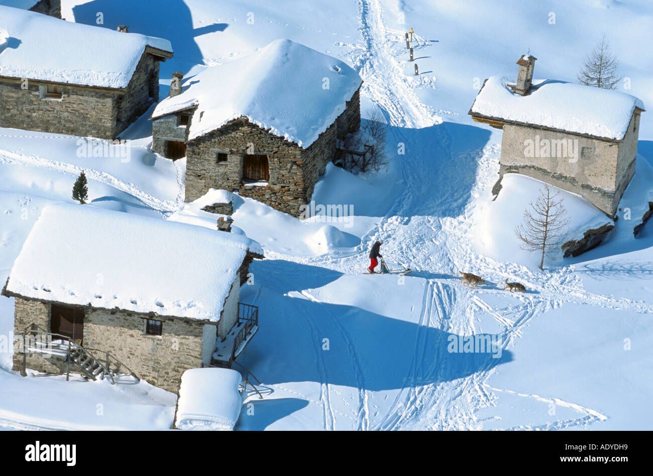 Village Le Monal in inverno con neve e slitta trainata da cani Foto Stock