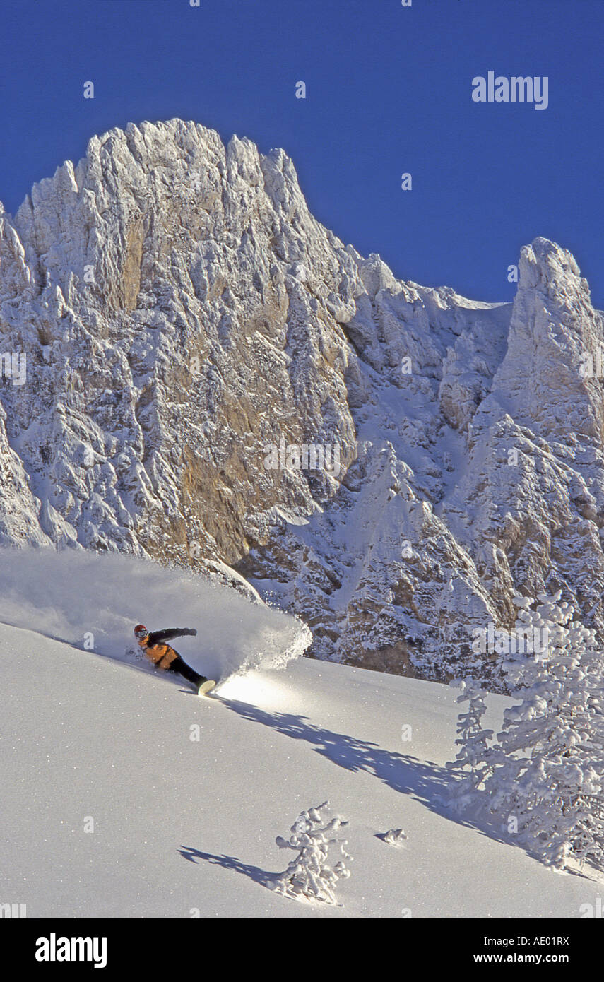 Snowboard in Les Arcs ski resort, Francia, Alpi Tarentaise Foto Stock