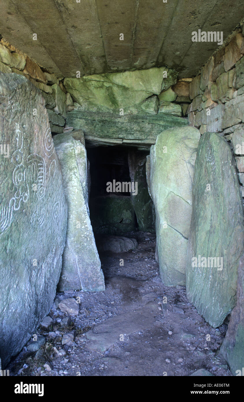 Il Tumulo T Slieve na Calliagh Collina delle Streghe tomba preistorica County Meath Eire Irlanda sepoltura camera iscrizioni sito irlandese Foto Stock