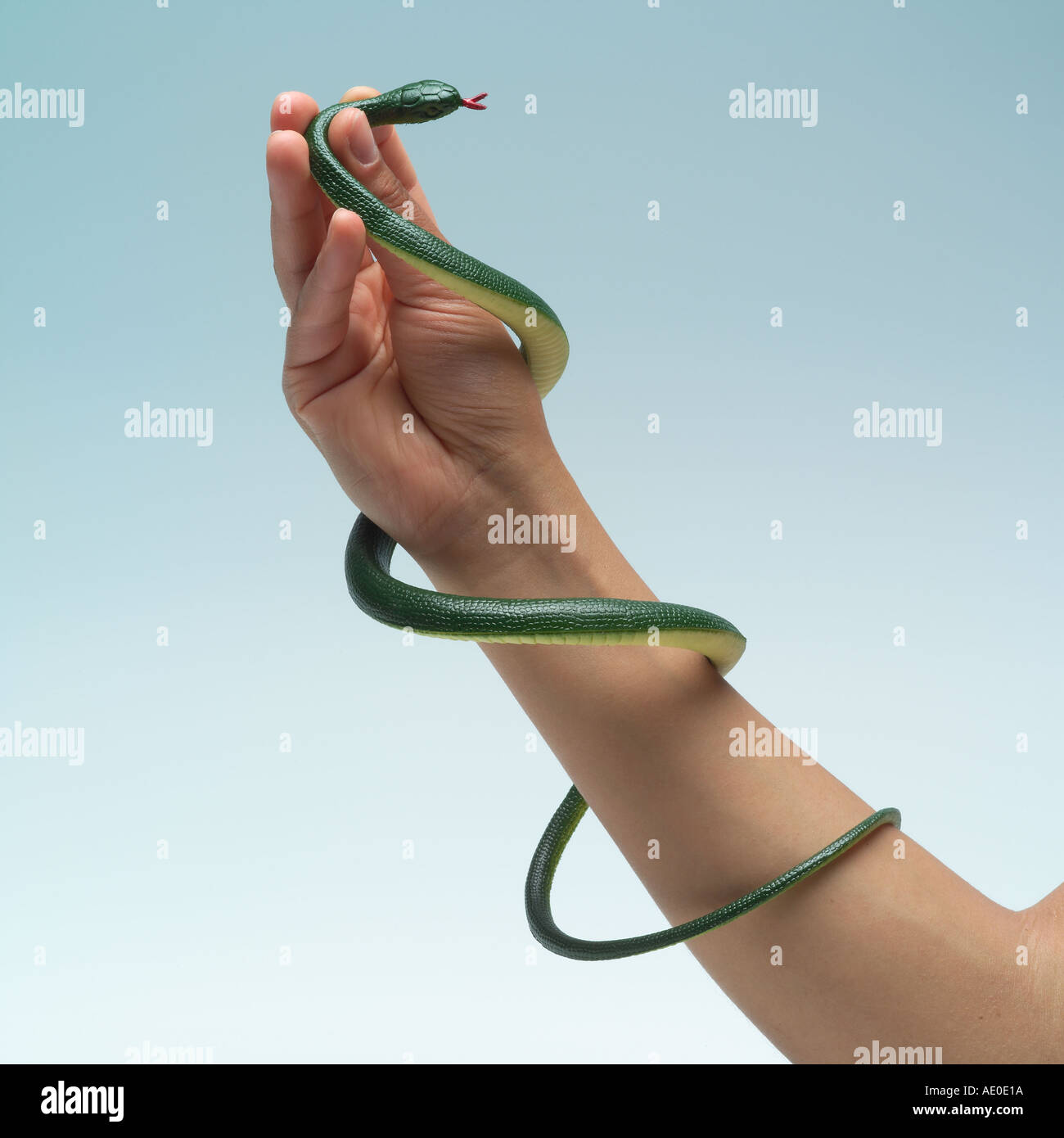 Nero donna la mano che regge un verde serpente di plastica Foto Stock