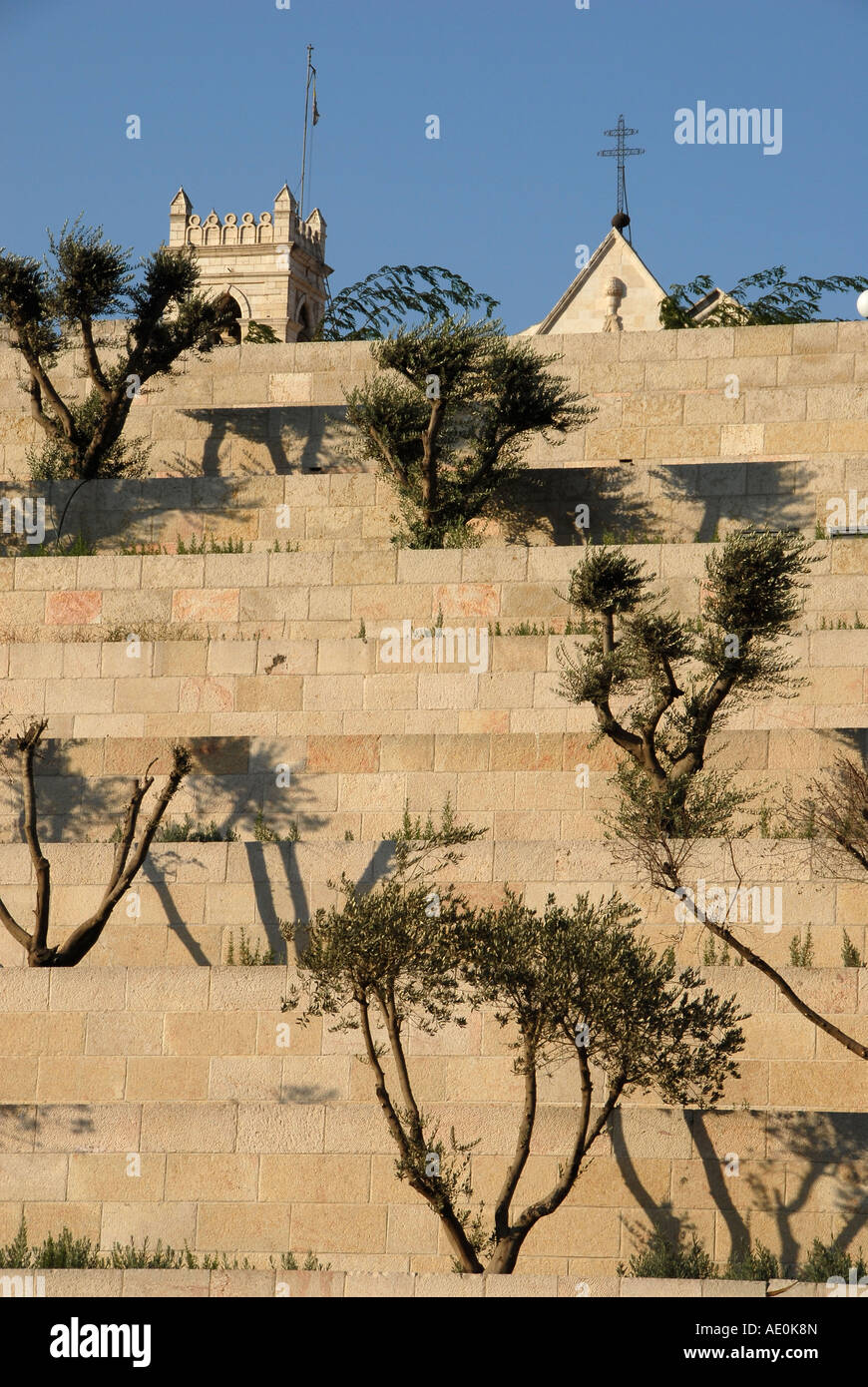 Vista del giardino terrazzato del capezzolo quartiere nella parte anteriore del western mura della vecchia città di Gerusalemme Israele Foto Stock