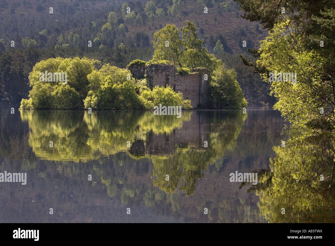 Castello in rovina sull'isola Loch un Eilein Nr Aviemore Scozia Scotland Foto Stock