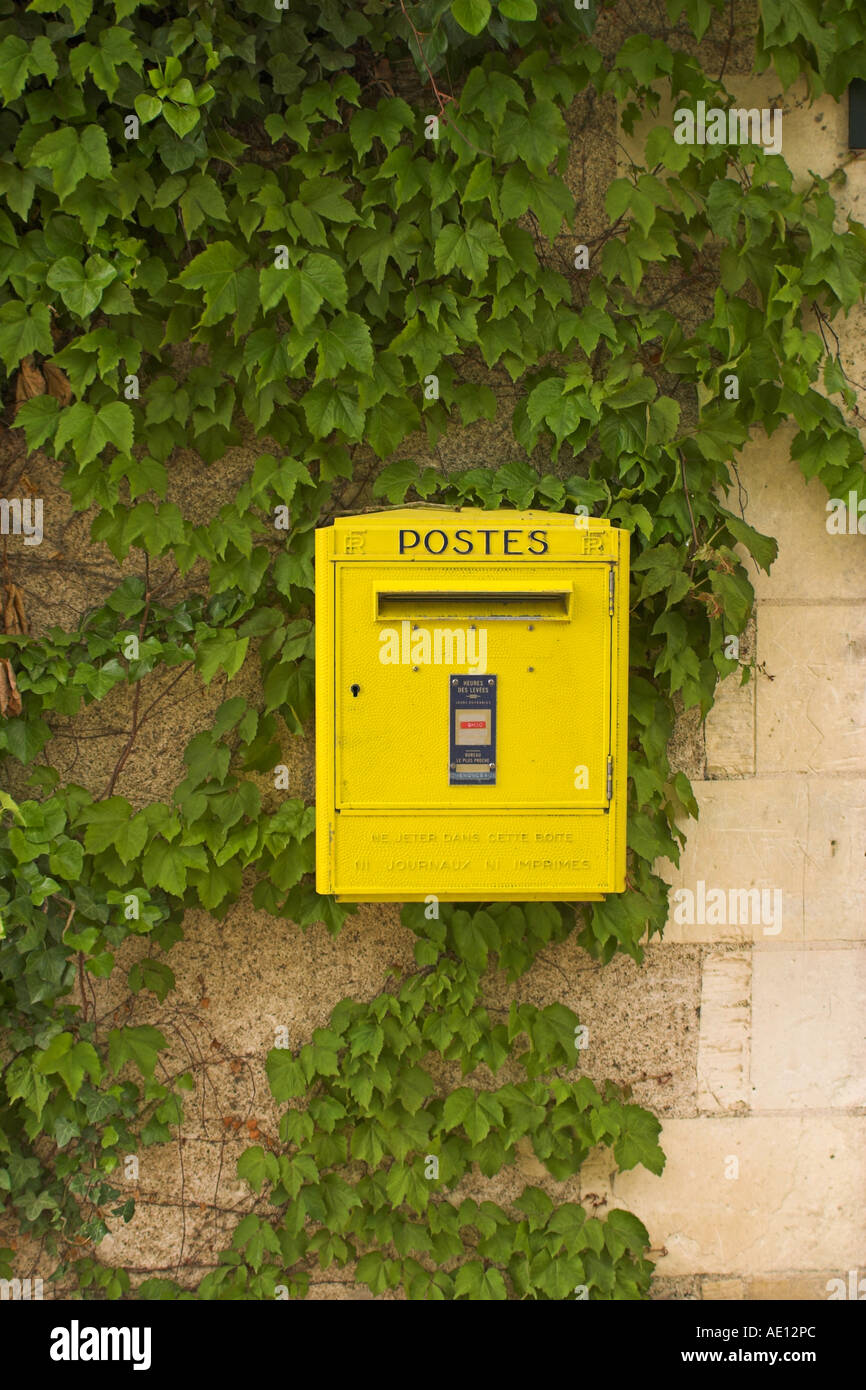 Un giallo Postbox francese su una parete di edera Foto Stock