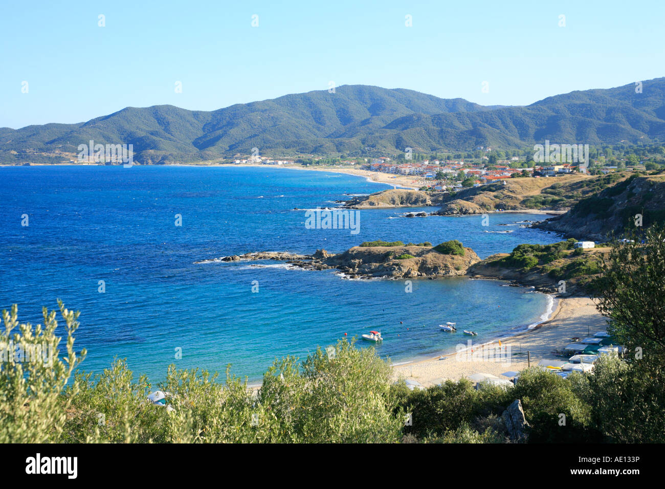 Sarti Beach sulla penisola di Sithonia sulla penisola di Chalcidice in Grecia Foto Stock